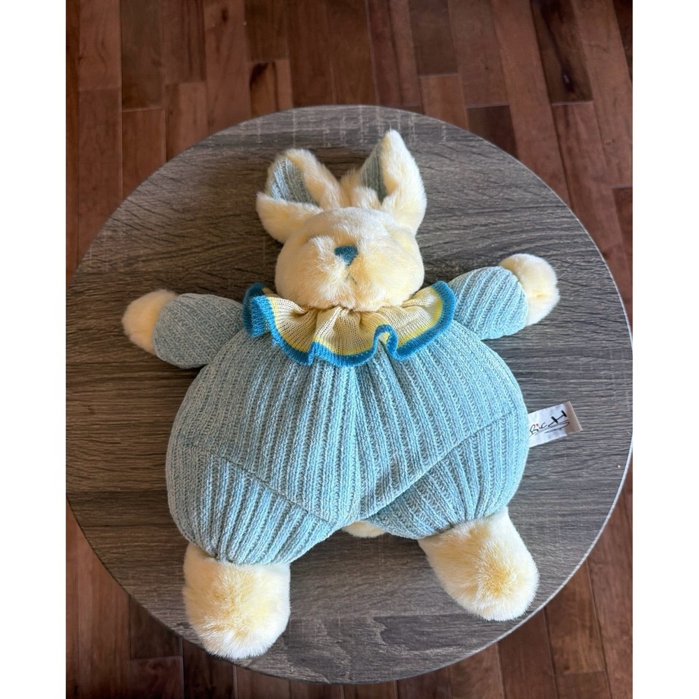 Vintage Rich Brand Yellow Blue Knit Body Bunny Rabbit Plush Stuffed Animal